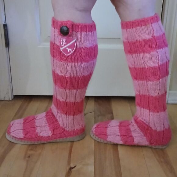 RARE Y2K VTG Victoria's Secret PINK Cable Knit Striped Knee-High Slippers M 7/8 - Picture 5 of 8